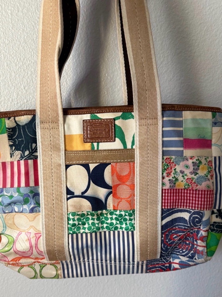 Coach Patchwork Canvas Tote In Multicolor With Beige Straps